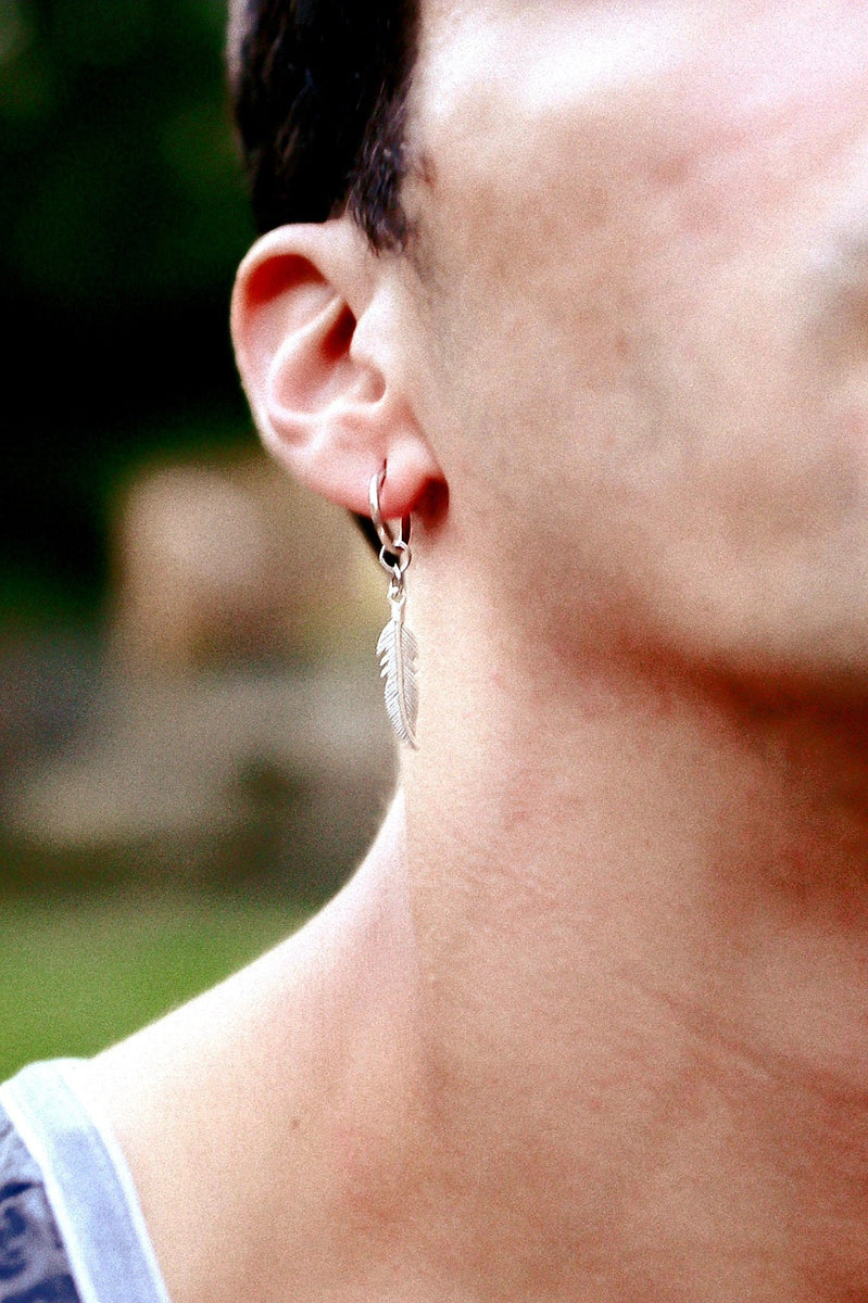 Mens Feather Earrings Sterling Silver Feather Dangle Earring Feather The Great Divine